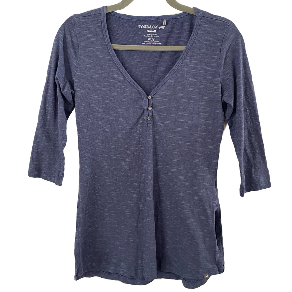 Toad & Co Shadow Blue Tamaya Dos Casual 3/4 Sleeve Tunic Top w/Slits Size Small